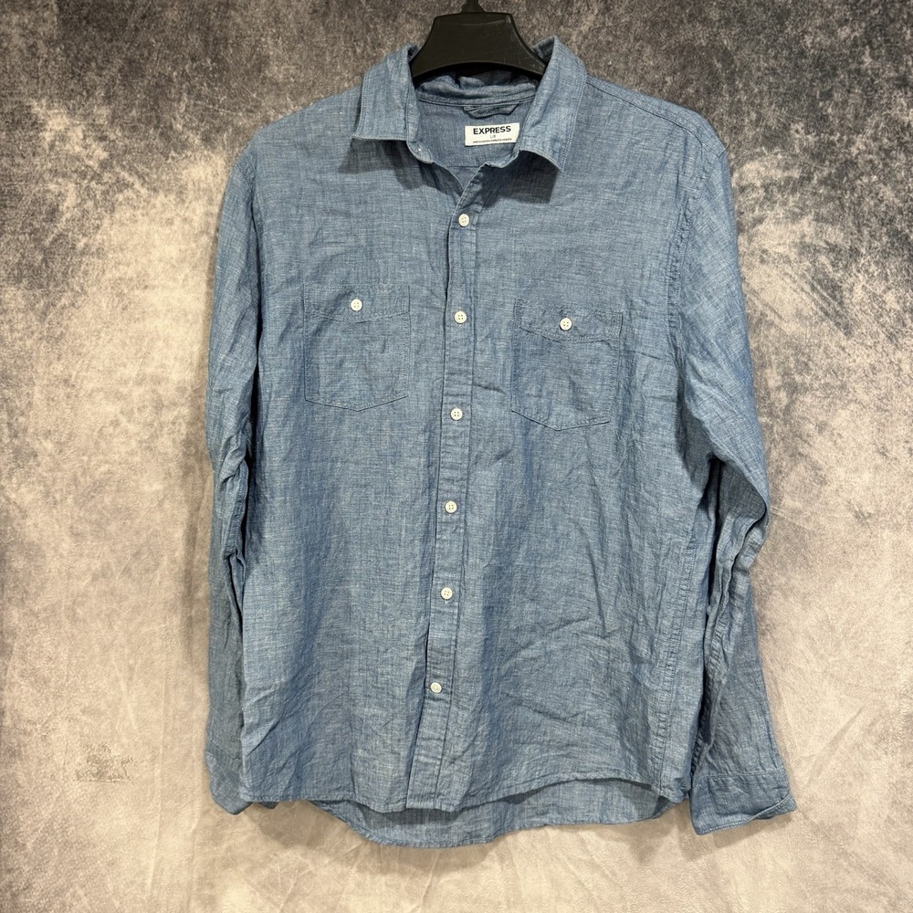 Express Men's L Linen/Cotton Blue Long Sleeve Button Breathable Shirt Athletic
